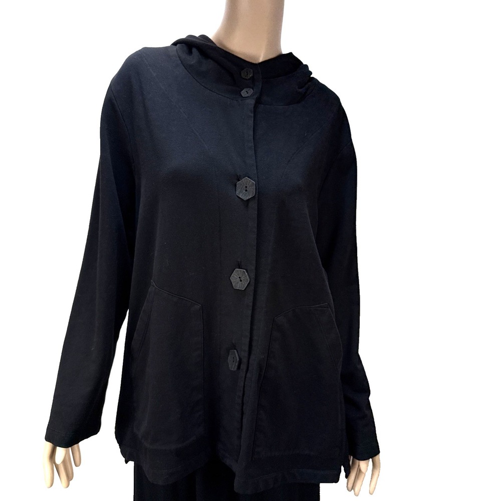 Focus Casual Life Hooded Swing Button Jacket Size M Black Cotton‎ French Terry